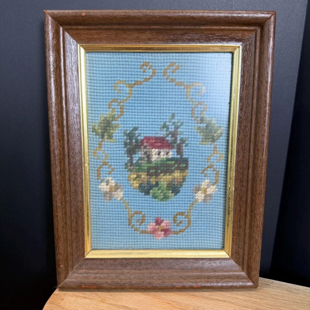 Framed Needlepoint Cottage Landscape Art Handmade Vintage Picture Blue Floral